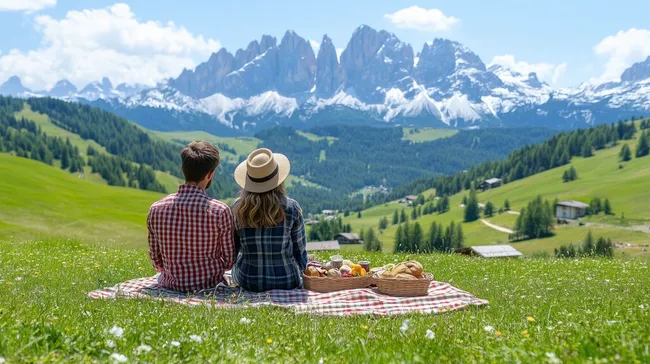 Berggipfel und Paar genießen Picknick in idyllischer Berglandschaft