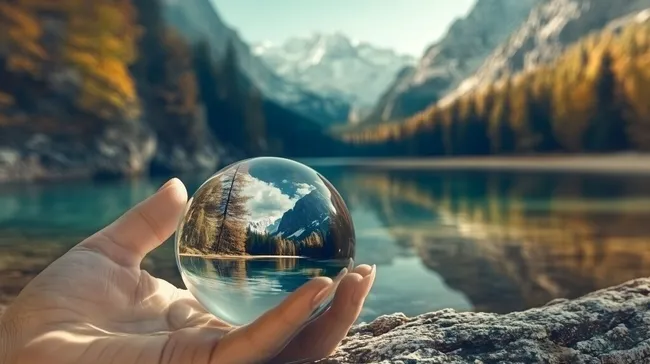 Berglandschaft in Kristallkugel - Friedvolle Natur-Reflektion