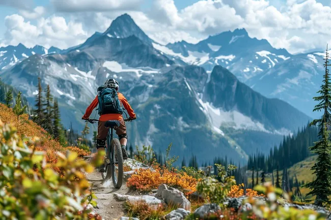 Bergradfahrer im alpinen Gebirgslandschaft