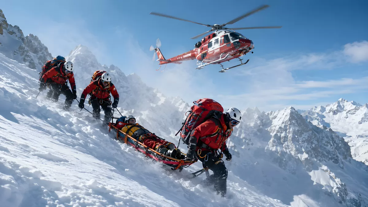 Bergrettung im Schnee mit Hubschrauber und Trage