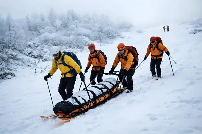 Bergrettungsteam bei Lawinenrettung im Schnee