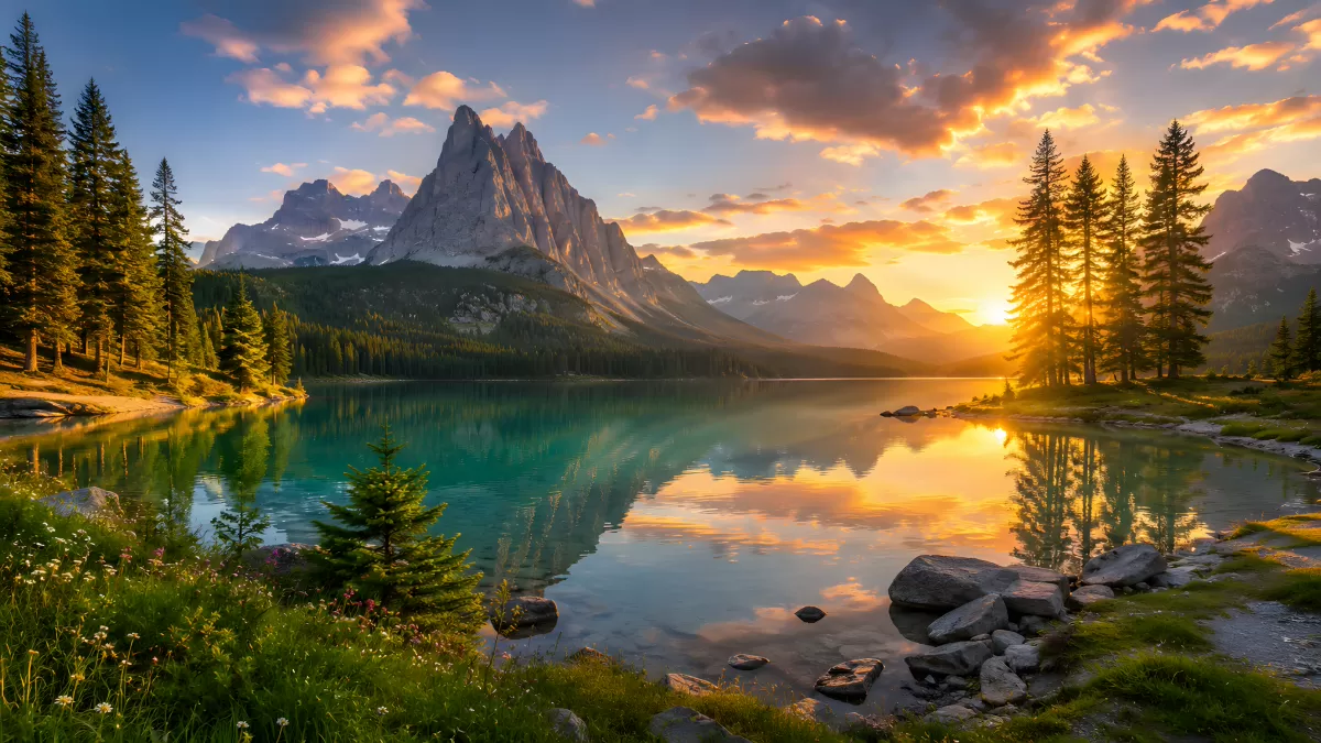 Bergsee bei Sonnenuntergang mit Spiegelung im Wasser
