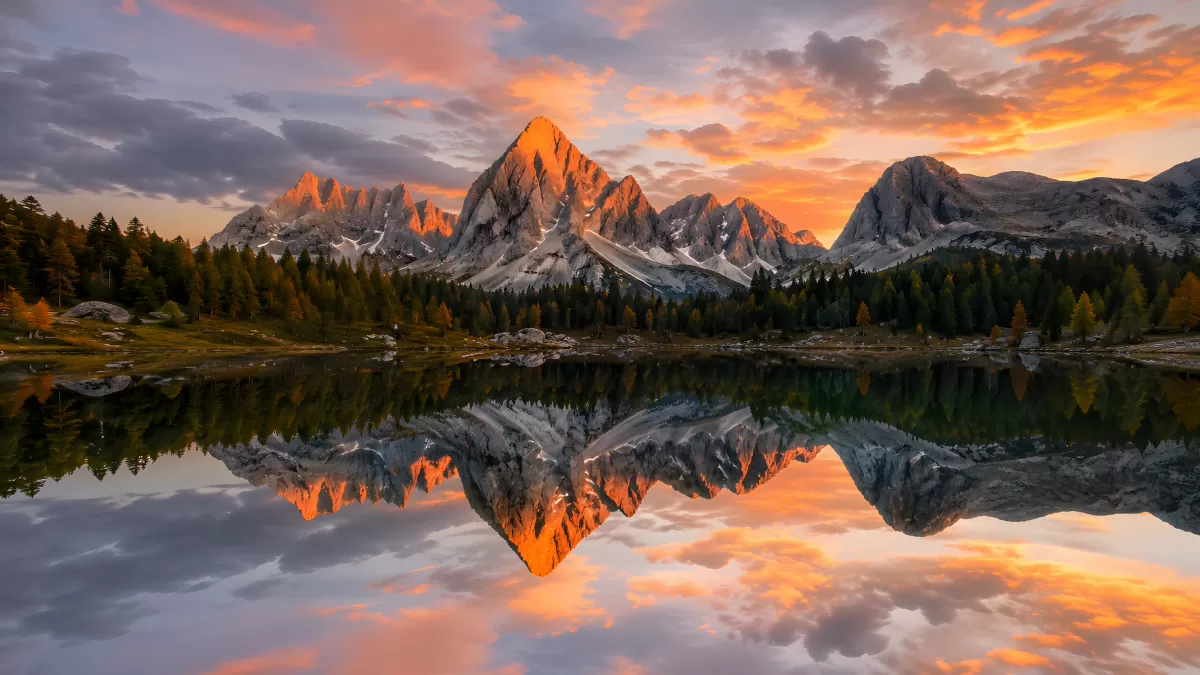 Bergsee spiegelt Dolomiten im Abendrot wider