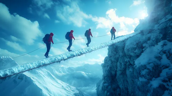 Bergsteiger auf eisiger Hängebrücke im Hochgebirge