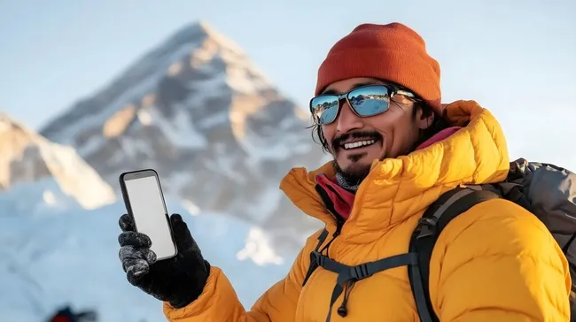 Bergsteiger auf Gipfel des Mount Everest mit Smartphone