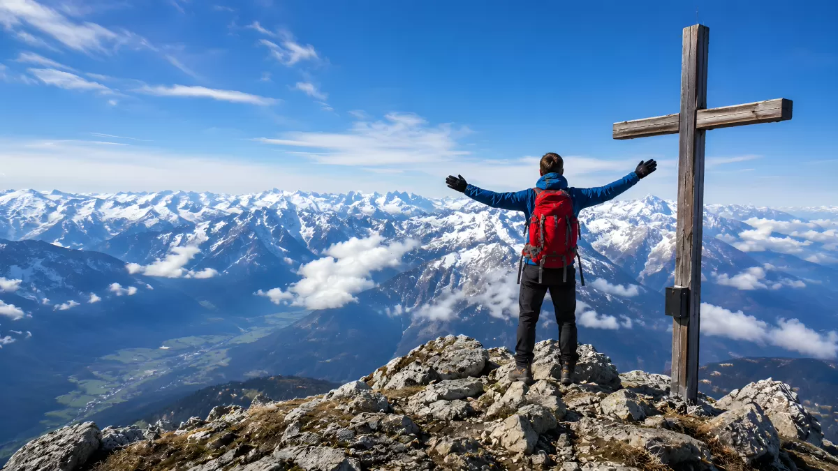 Bergsteiger auf Gipfel mit Gipfelkreuz und Alpenblick