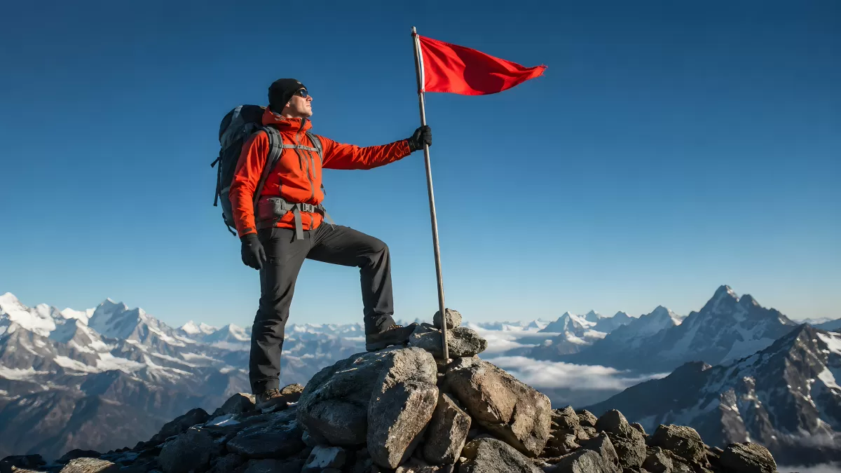 Bergsteiger auf Gipfel mit roter Fahne im Hochgebirge