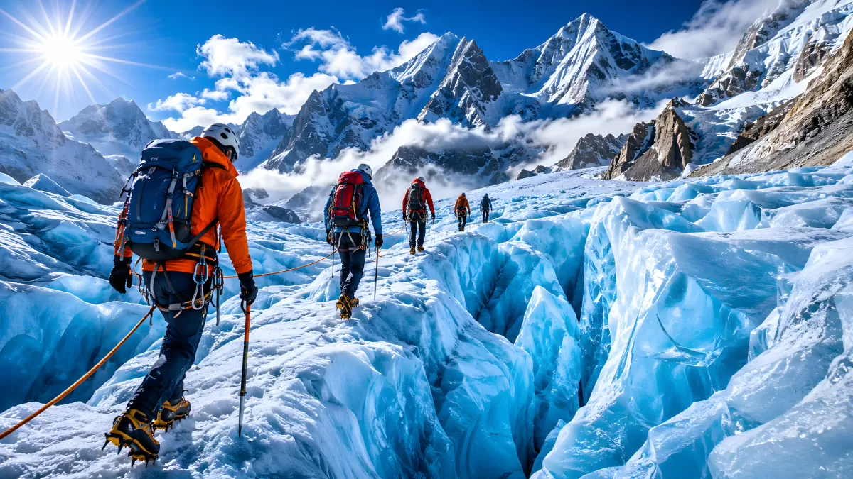 Bergsteiger auf Gletscher mit Steigeisen und Seilen