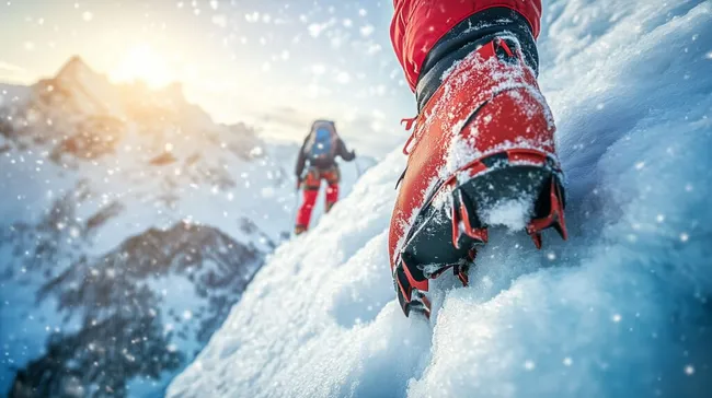 Bergsteiger auf Schnee mit Steigeisen