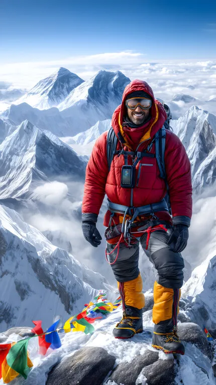 Bergsteiger auf schneebedecktem Gipfel mit Blick auf Himalaya-Bergkette