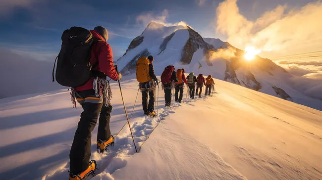 Bergsteiger-Gruppe bei Sonnenaufgang in den Alpen