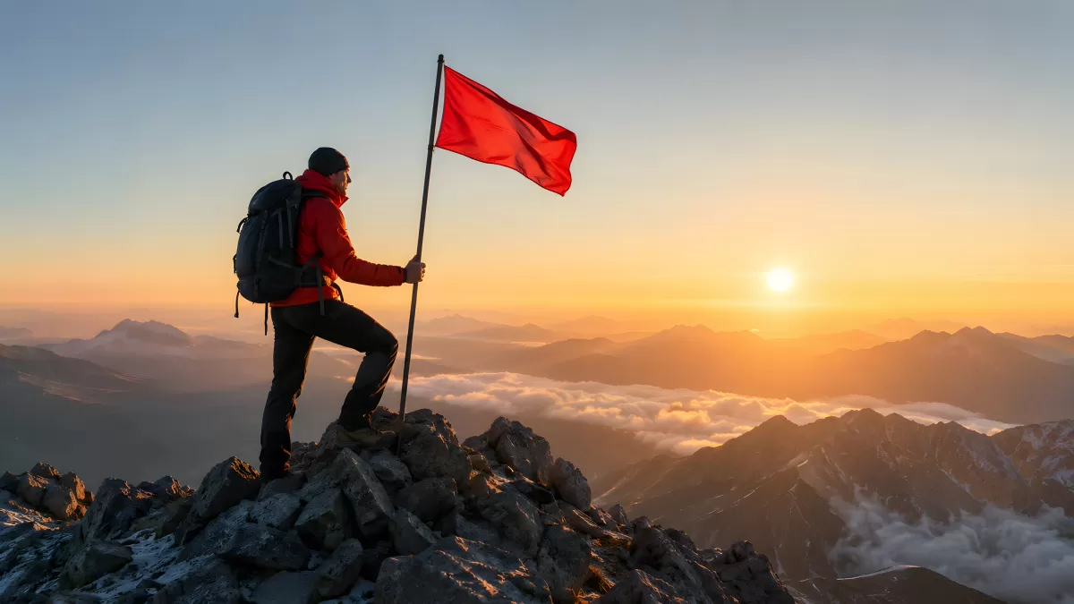 Bergsteiger pflanzt rote Fahne auf Gipfel bei Sonnenuntergang