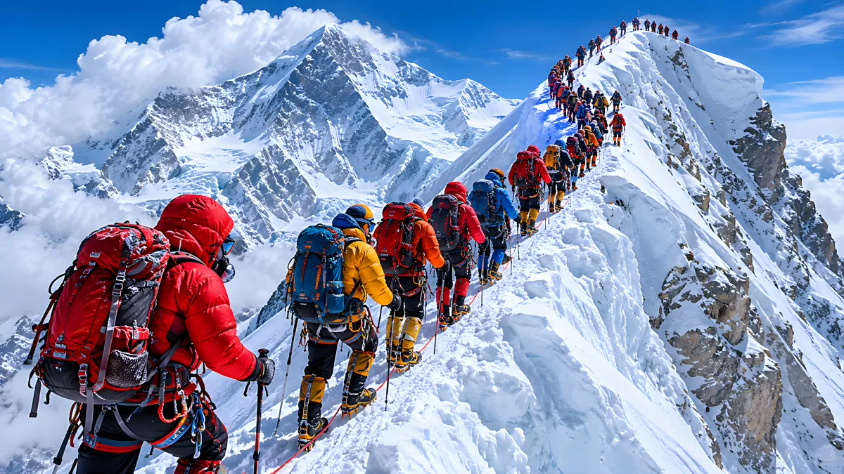 Bergsteiger-Schlange auf verschneitem Gipfelgrat im Himalaya