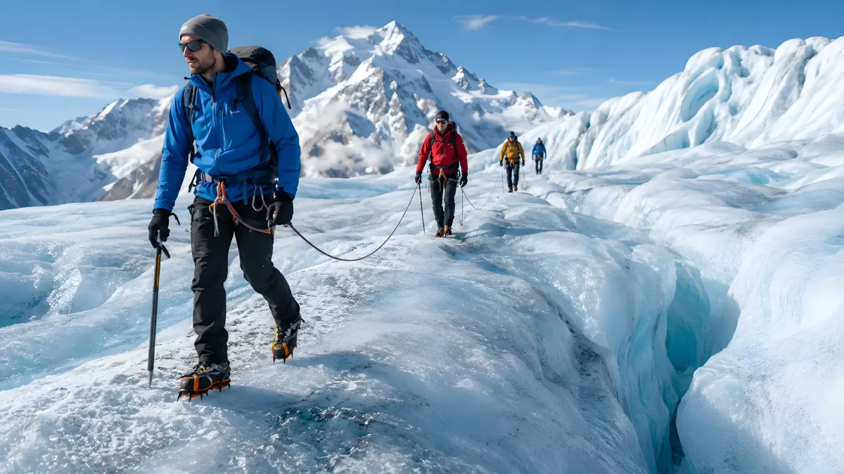 Bergsteiger traversieren einen Gletscher im Hochgebirge