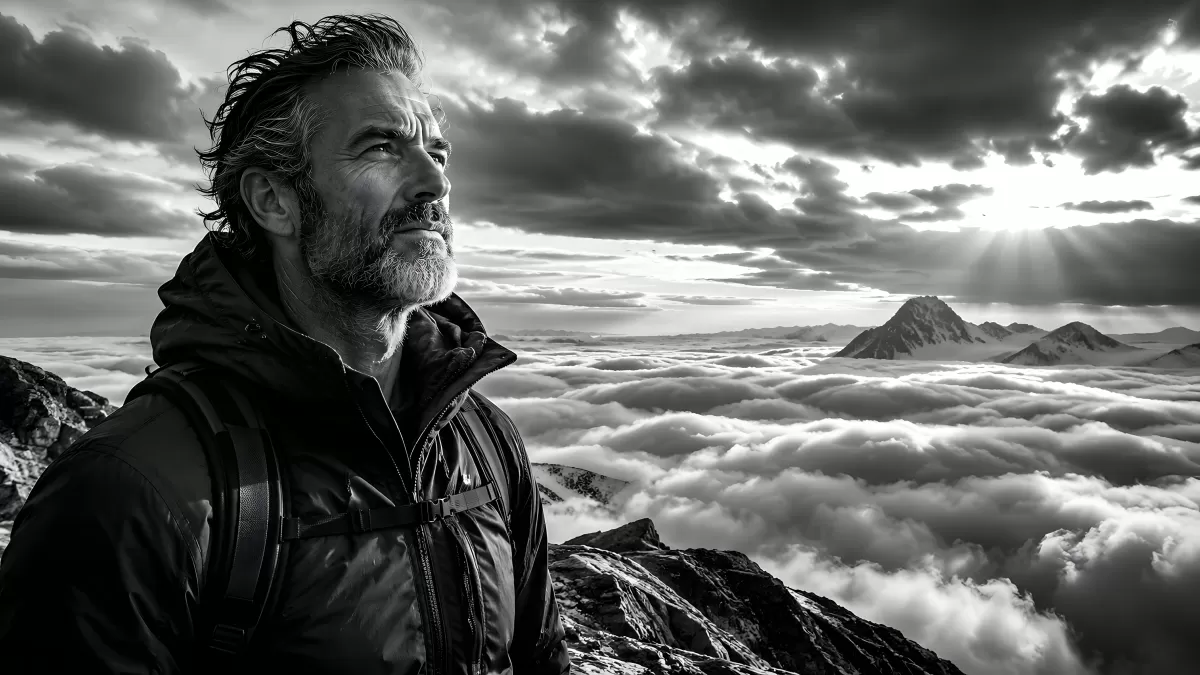 Bergsteiger über den Wolken bei dramatischem Licht