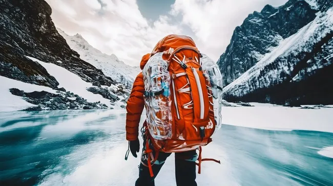 Bergwanderer mit orangem Rucksack in verschneiter Berglandschaft