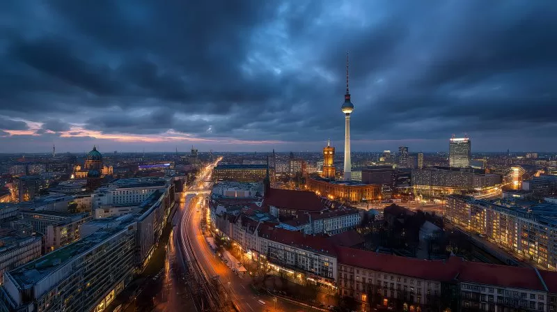 Berlin Skyline mit Fernsehturm in der blauen Stunde