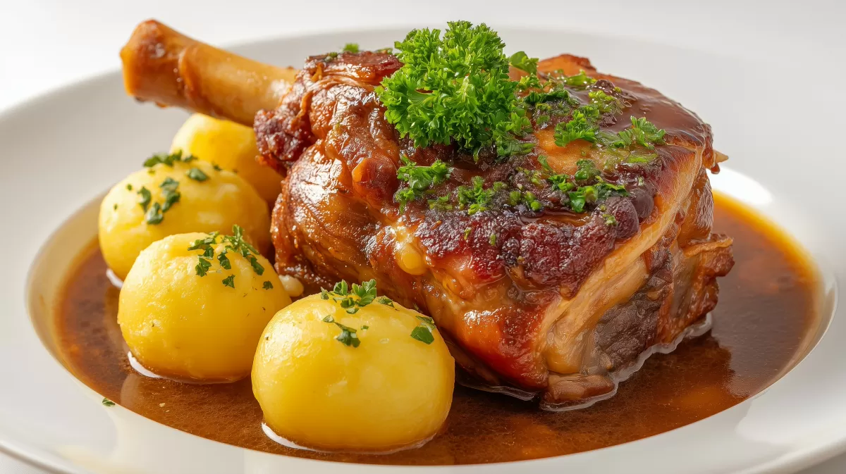 Berliner Eisbein im Ofen mit Knödeln und Soße