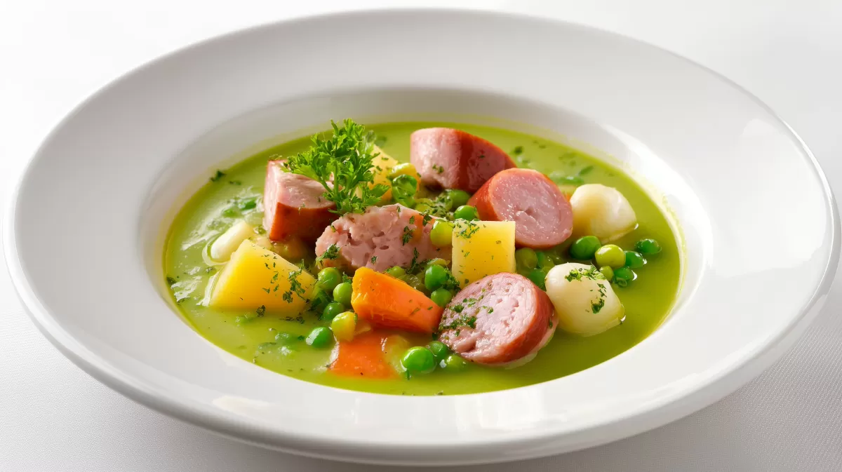 Berliner Erbseneintopf mit Bockwurst im Teller