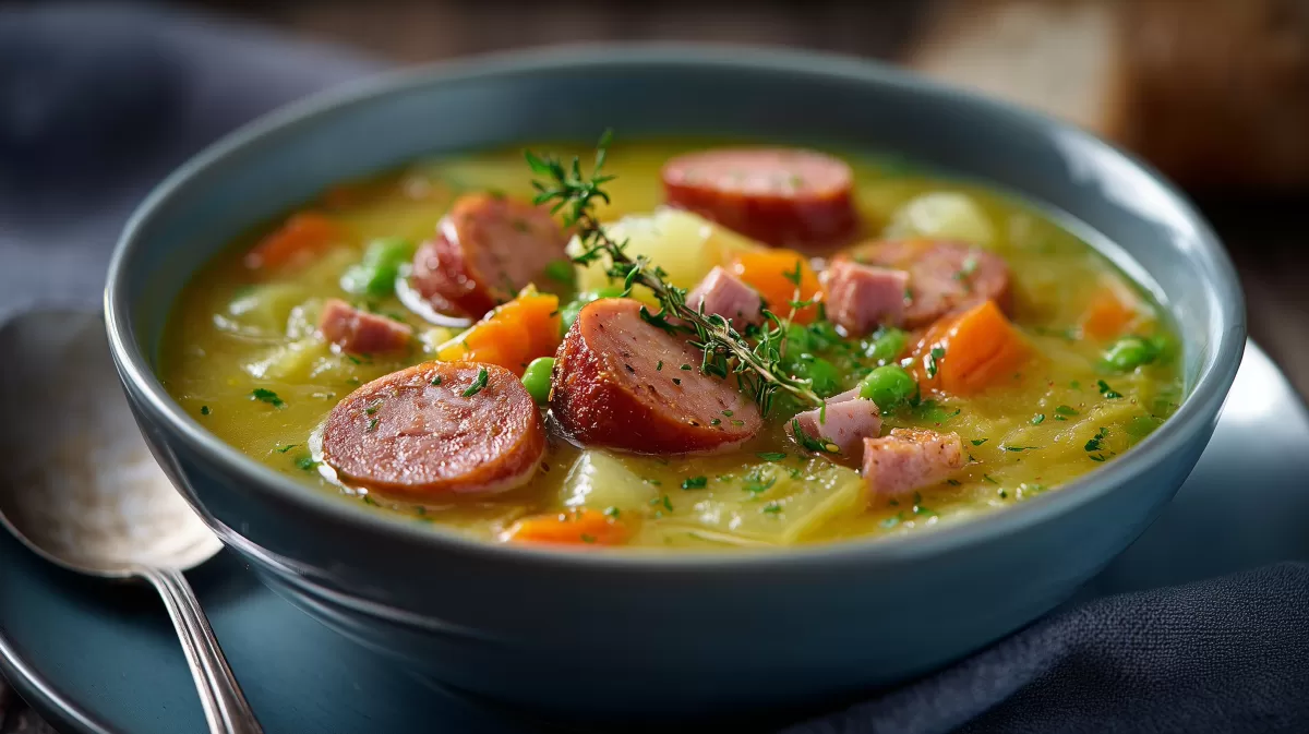 Berliner Erbsensuppe klassisch mit Bockwurst