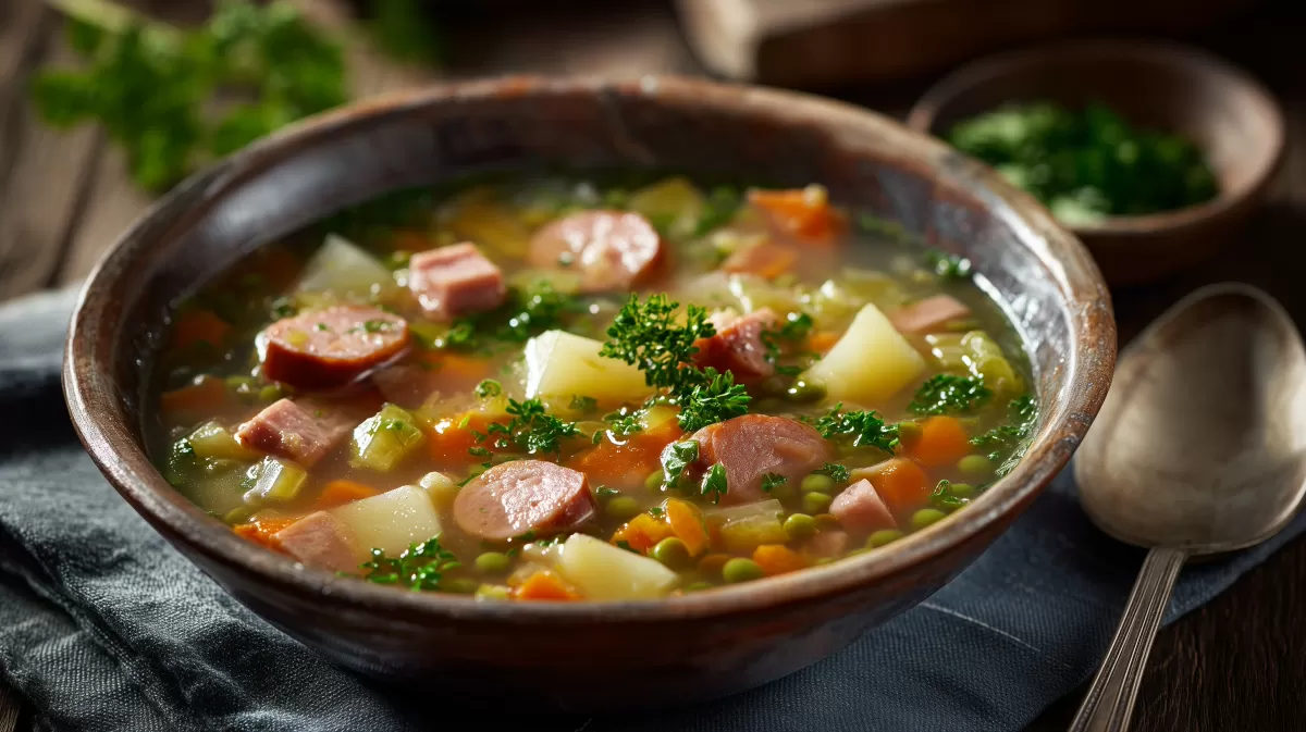 Berliner Erbsensuppe mit Bockwurst und Gemüse