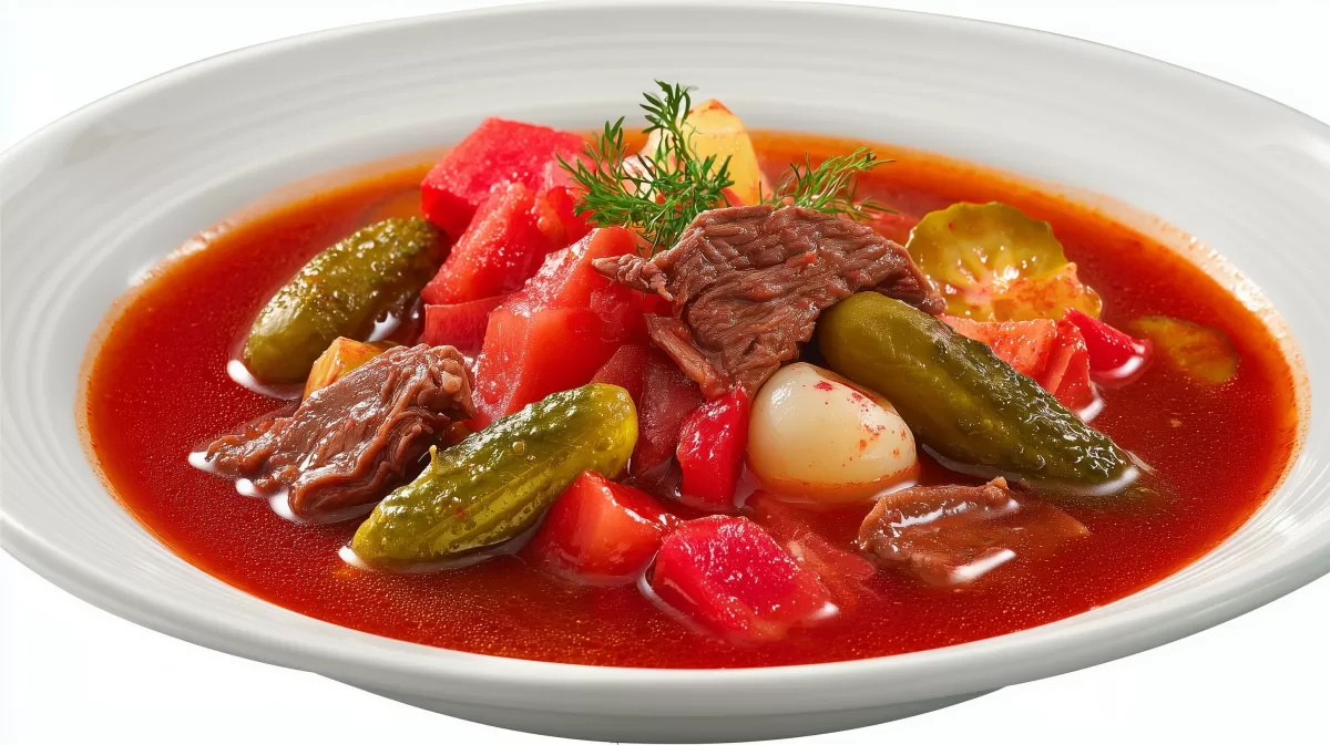 Berliner Gulaschsuppe mit Gewürzgurken im Teller