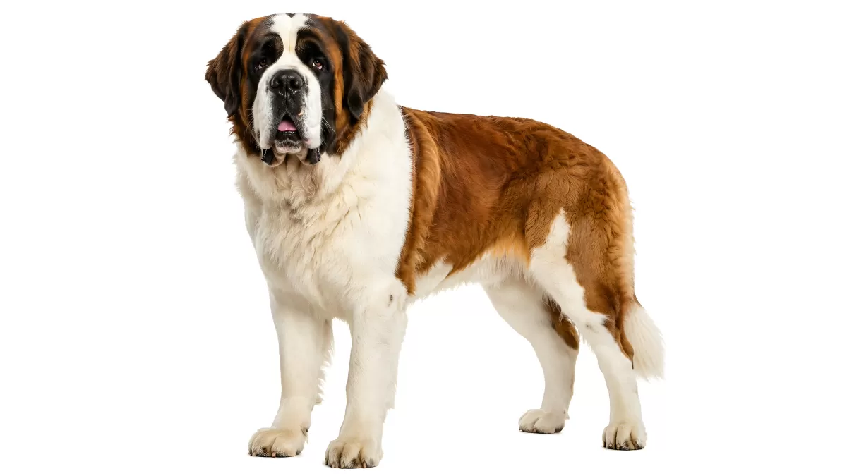 Bernhardiner Hund steht stolz vor weißem Hintergrund