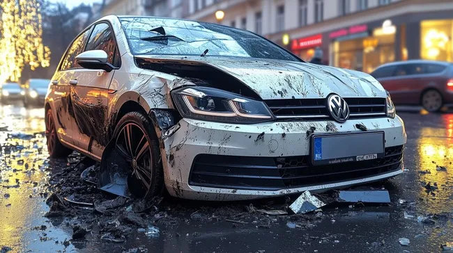 Beschädigter VW Polo nach Verkehrsunfall auf nasser Straße