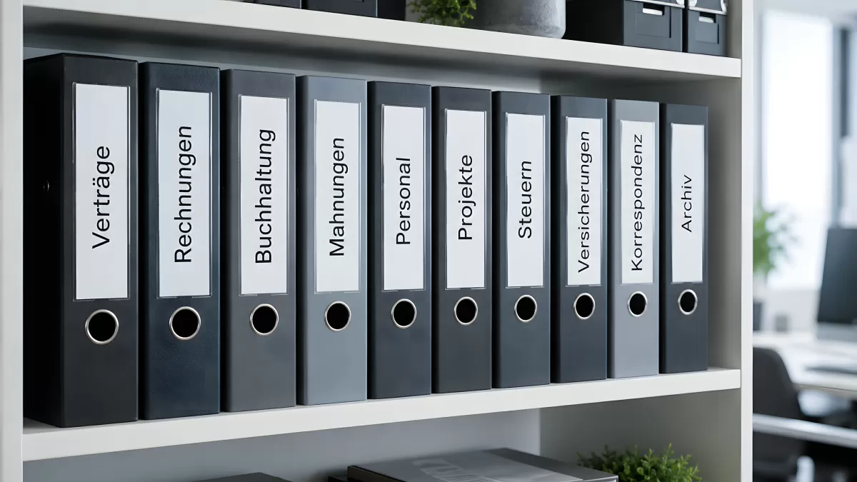 Beschriftete Ordner im Büroregal – Ablagesystem