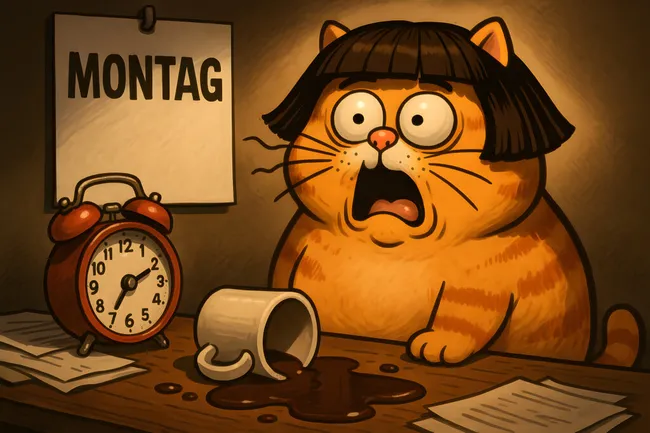 Besorgte Katze entdeckt Montag mit umgeworfener Kaffeetasse