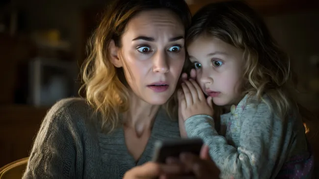 Besorgte Mutter mit Kind schaut besorgt auf Handy