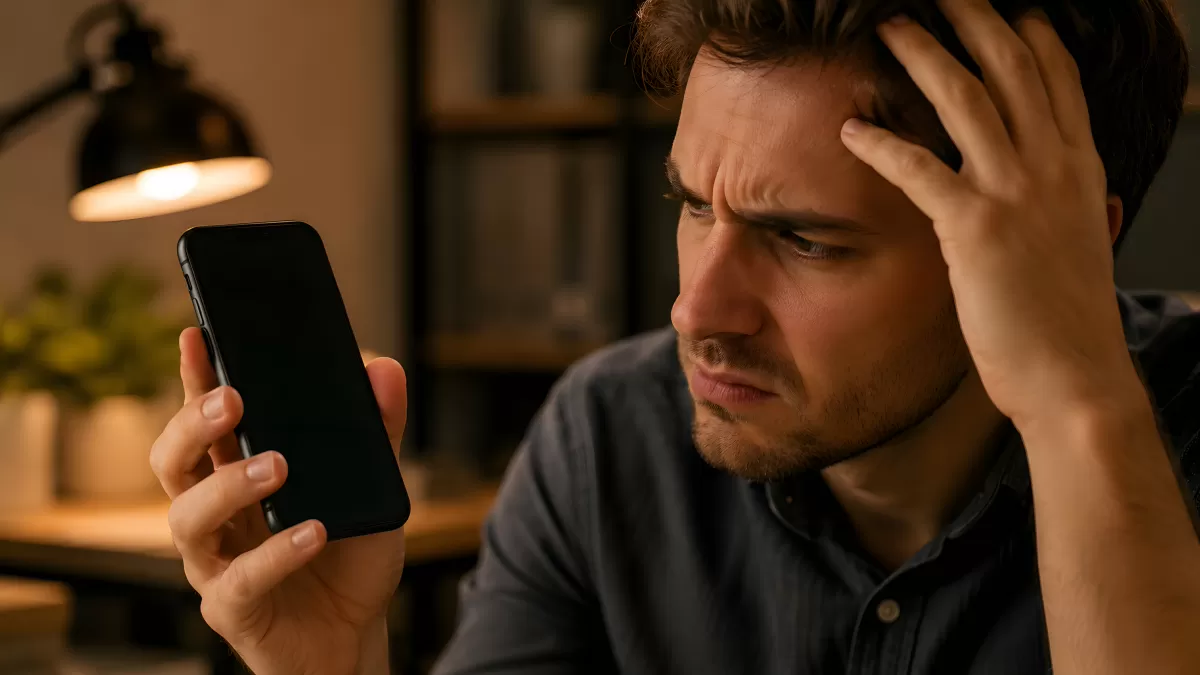 Besorgter Mann schaut frustriert auf sein Smartphone