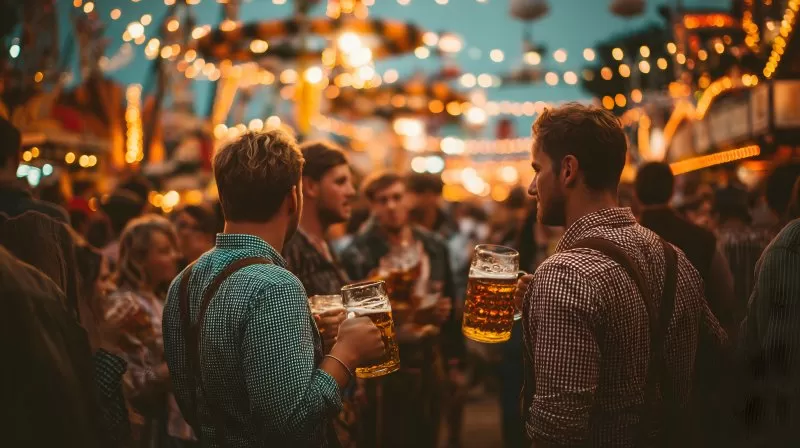 Besucher auf dem Oktoberfest trinken eine Maß Bier