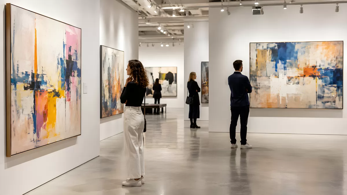 Besucher betrachten abstrakte Gemälde in einer Galerie