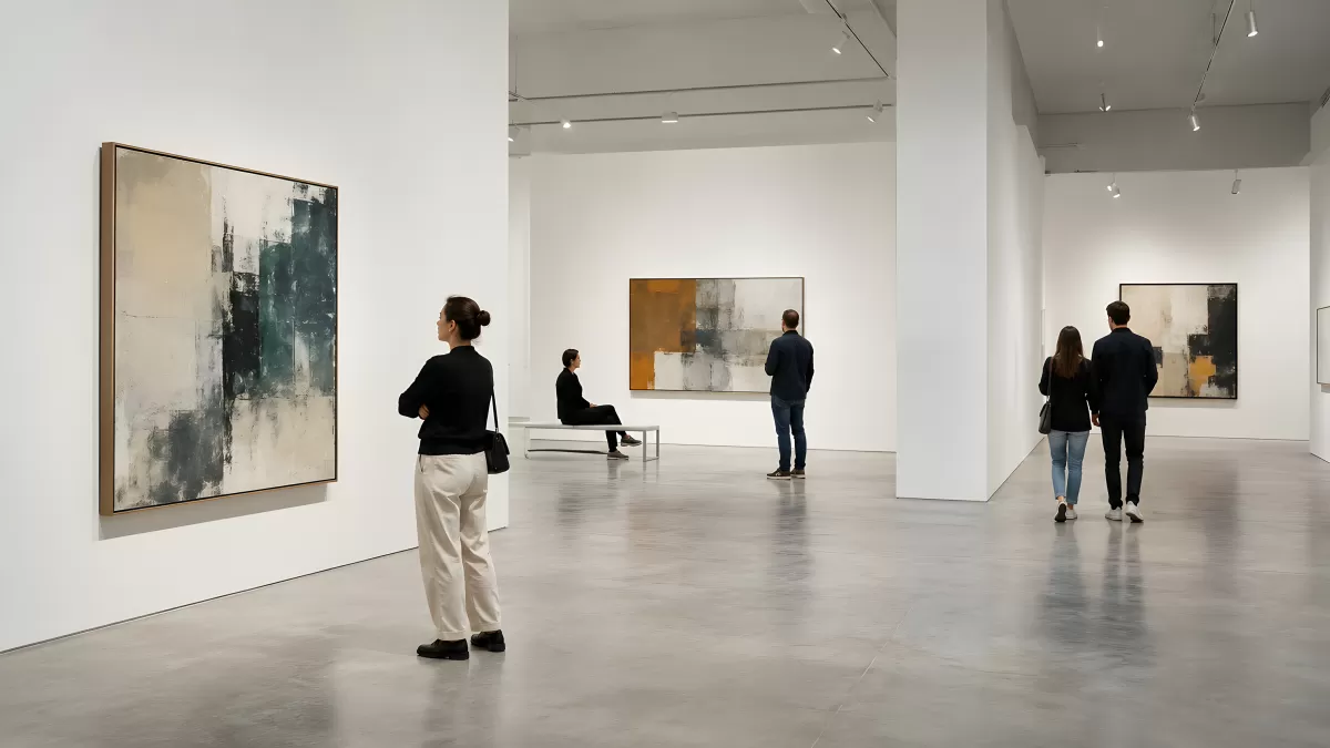 Besucher betrachten abstrakte Gemälde in moderner Galerie