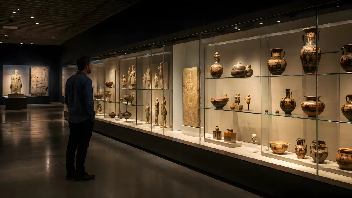 Besucher betrachtet antike Exponate im Museum