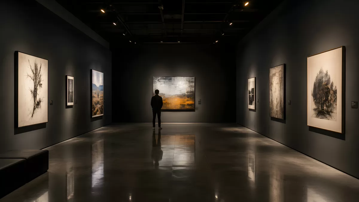 Besucher betrachtet Gemälde in moderner Kunstgalerie