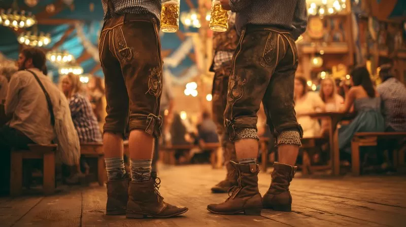 Besucher in traditioneller Lederhose auf dem Oktoberfest