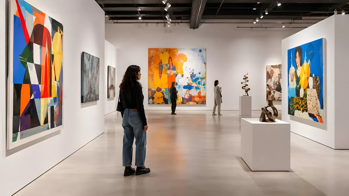 Besucherin betrachtet moderne Gemälde in Kunstgalerie