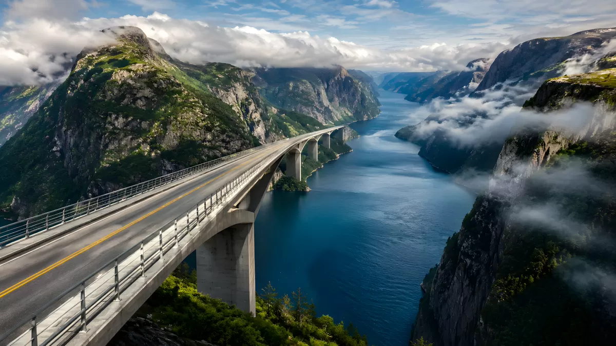 Betonbrücke über einen norwegischen Fjord mit Wolken