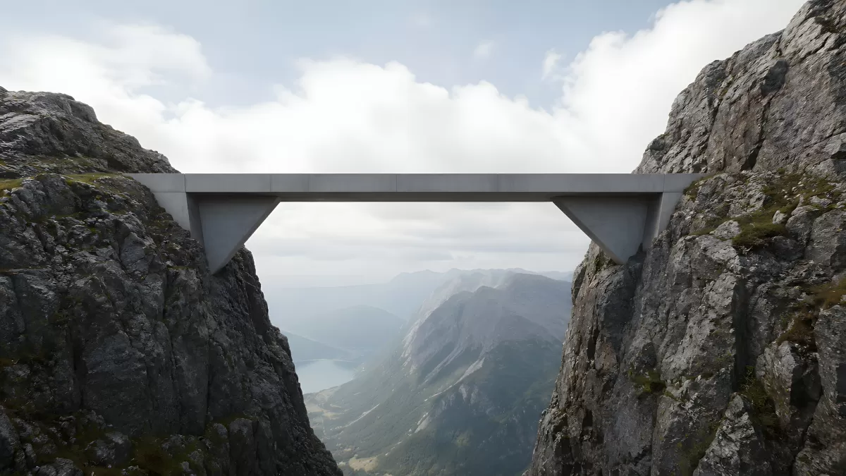 Betonbrücke verbindet zwei Felsgipfel in den Bergen