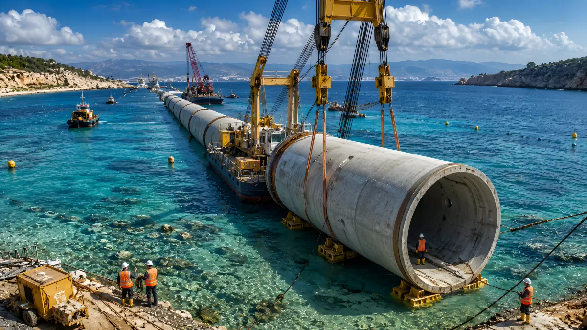 Betonrohr-Verlegung an mediterraner Küste