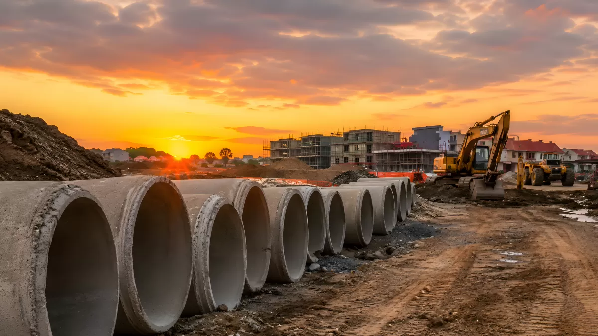 Betonrohre auf Baustelle bei dramatischem Sonnenuntergang