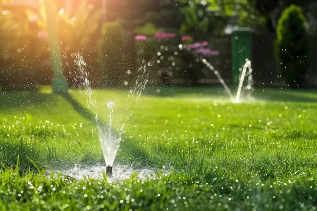 Bewässerung von Rasen bei Sonnenuntergang