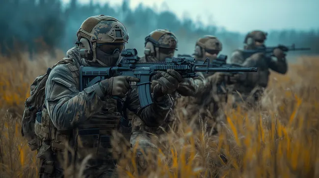 Bewaffnete Militäreinheit in Tarnkluft auf dem Feld