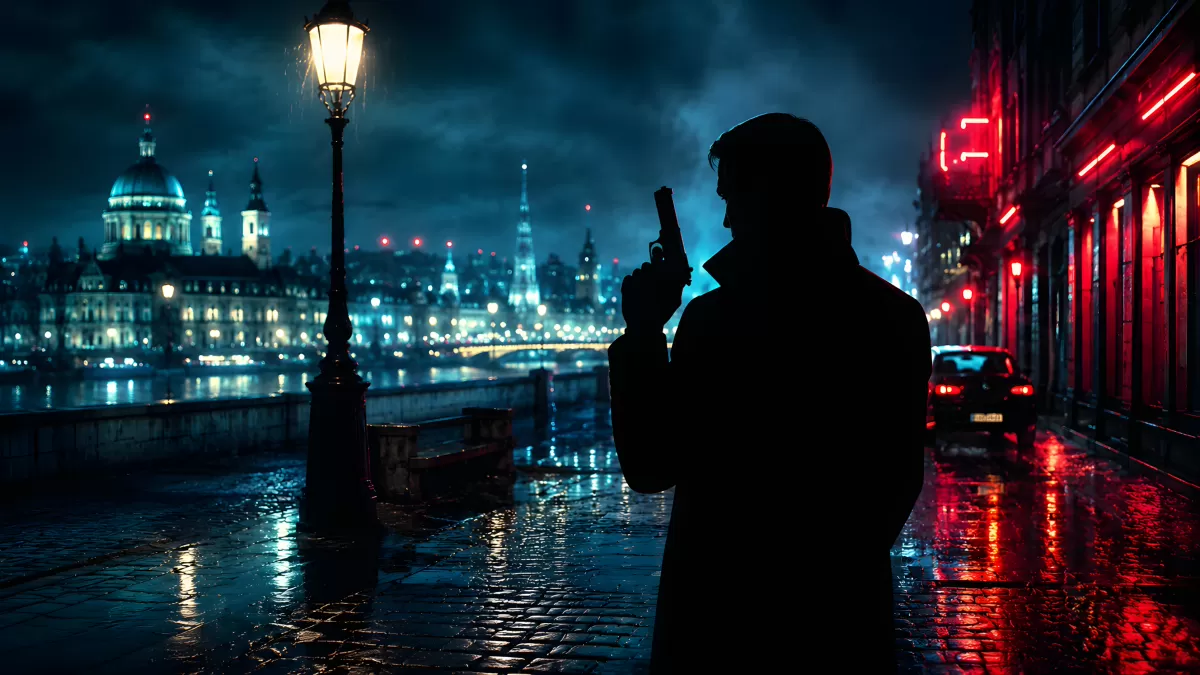 Bewaffneter Detektiv in regennasser Stadtsilhouette bei Nacht