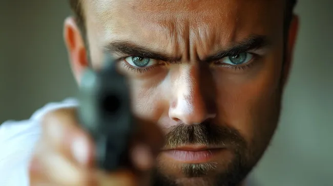 Bewaffneter Mann mit ernstem Blick - Stockfoto für Medienbeiträge