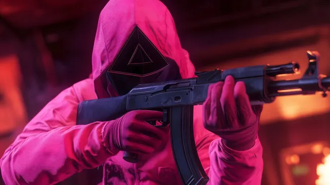 Bewaffneter, maskierter Charakter in Rot