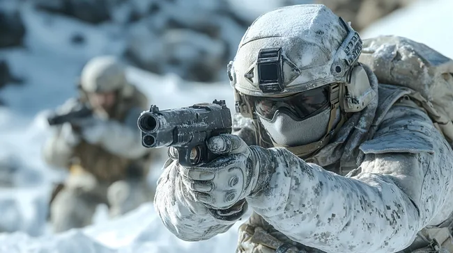 Bewaffneter Soldat in taktischer Winterausrüstung