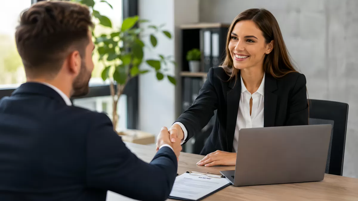 Bewerbungsgespräch mit Handschlag im modernen Büro